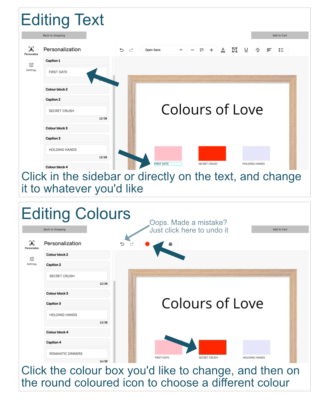 Screenshots of the main editor windows for personalising text and colours in our prints