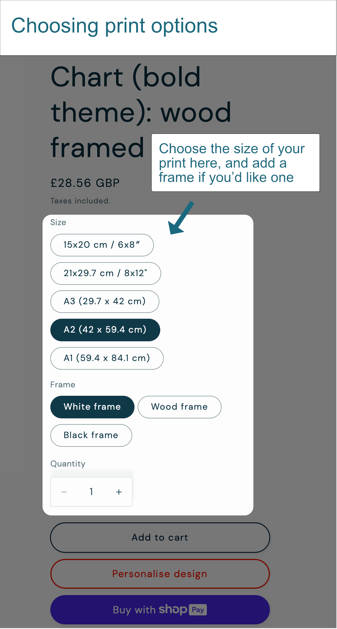 A screenshot of the options available to choose from with our prints