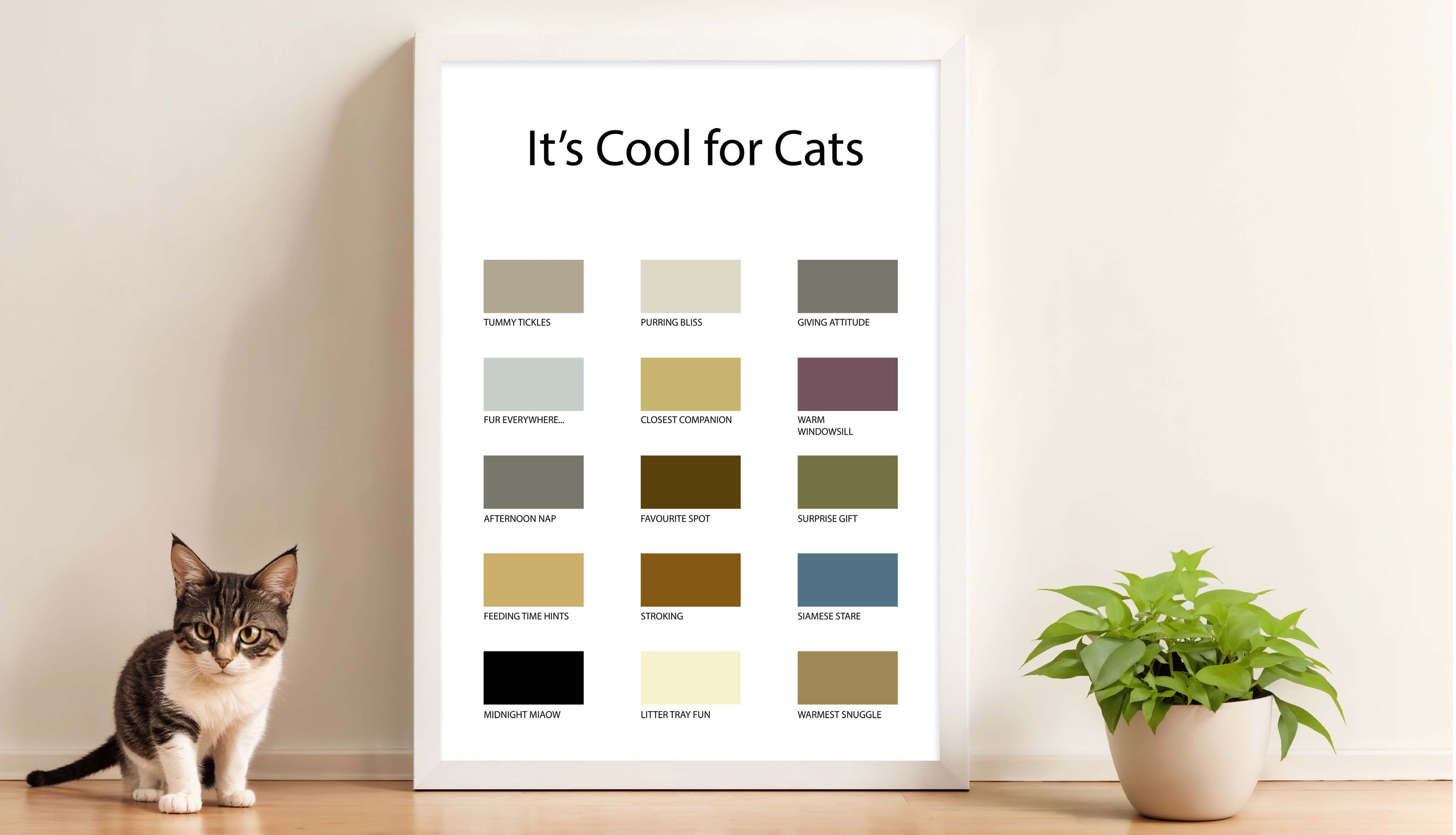 One of our awesome personalised paint chart prints.  And a cat and a plant.