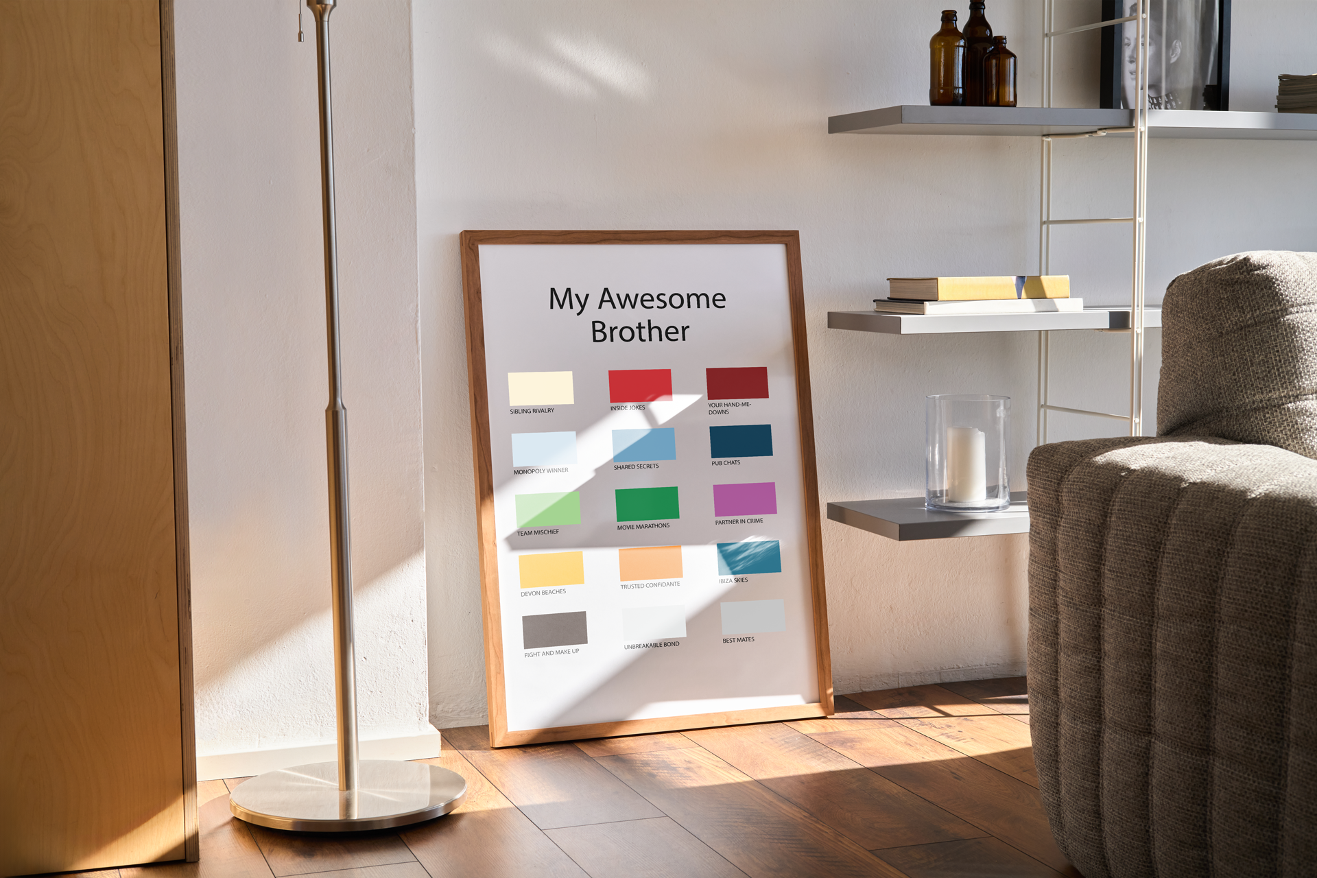 One of our personalised paint charts leaning against a wall in the sun